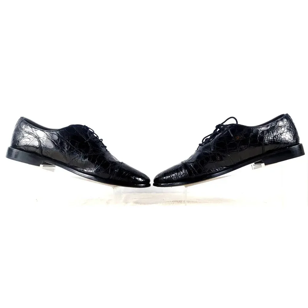 Zelli Genuine Alligator Cap Toe Oxford Shoes Black 10.5M Italy Luxury Exotic